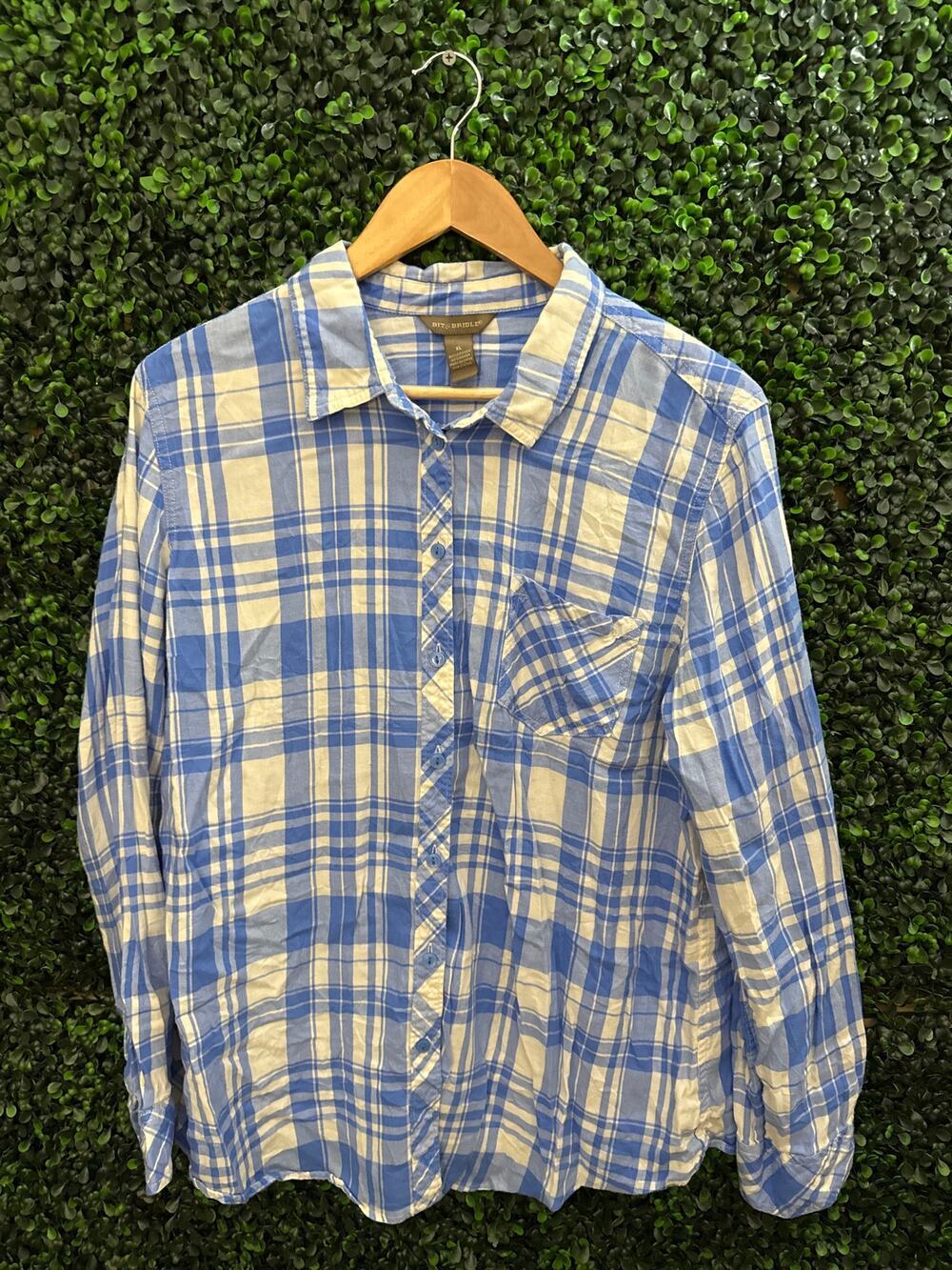 Bit & Bridle, Blue Plaid Long Sleeve Button Up, Women’s Size XL